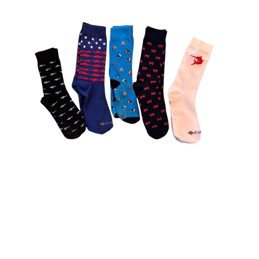 Columbia PFG Mens Crew Socks 5 Pair Bundle Nautical Shark Fish Crab Patriotic